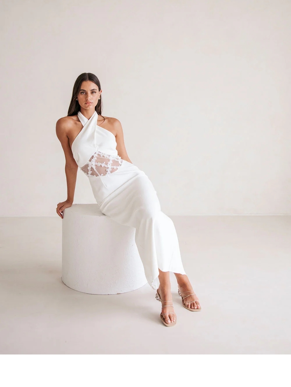 White Halter Midi Dress with Lace Cutout